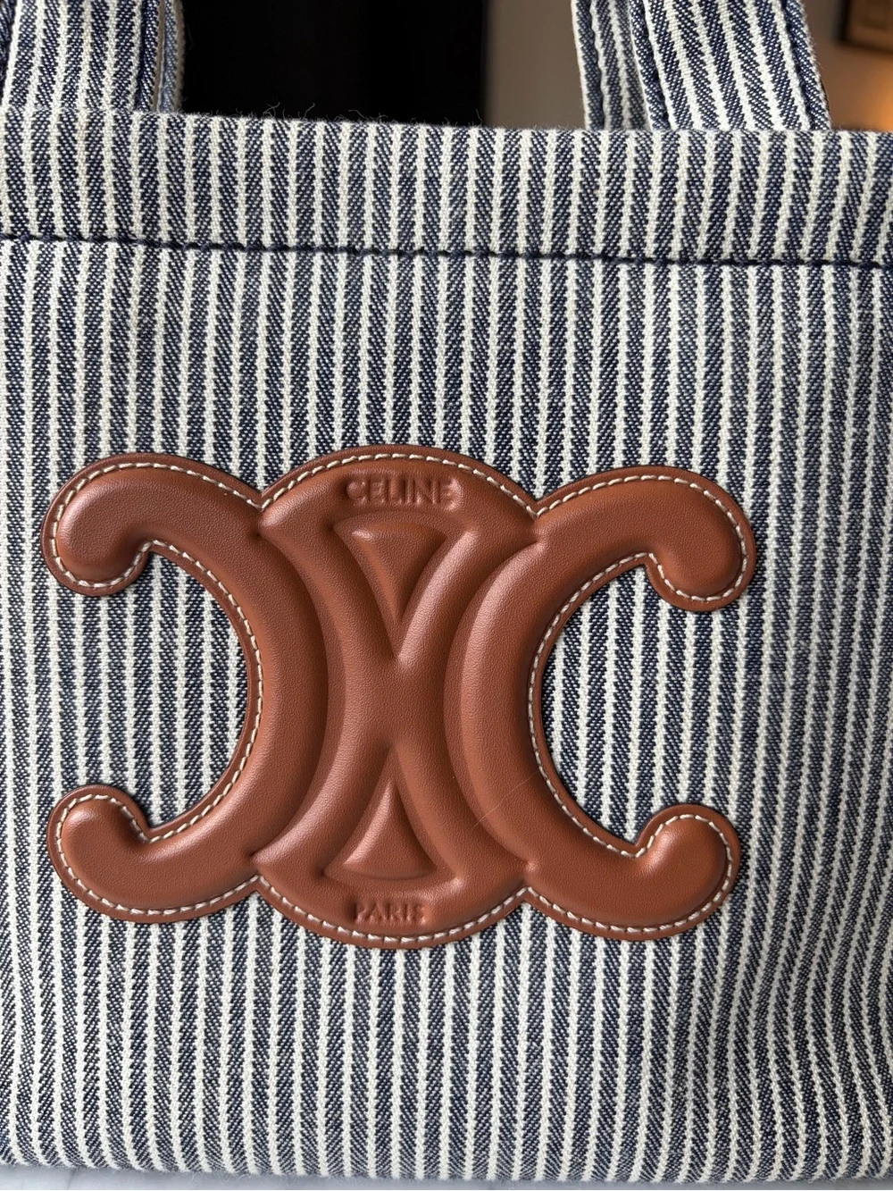 Celine Striped Canvas Calfskin Triomphe Tote in Navy and Brown